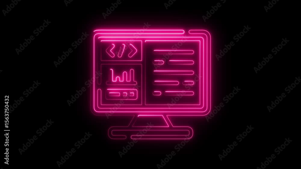 Poster neon computer screen icon glowing pink on black background animated loop illustrating coding