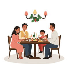 Latino family sitting at dinner table celebrating Christmas, New Year  