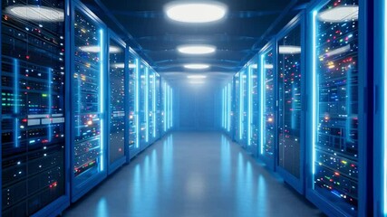 Modern Data Center with Rows of Glowing Blue Servers - Powered by Adobe
