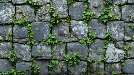 Stone wall texture with green plants growing between the stones.  Perfect for background or design projects.