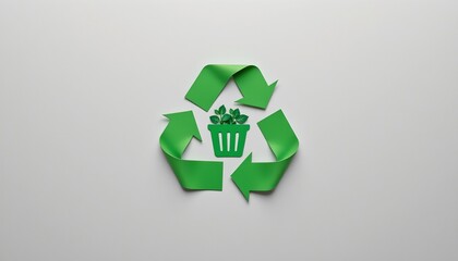 a recycling , this is posed of two green paper elements that resemble leaves, within this emblem is a small depiction of a waste bin