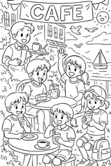 Coloring page of kids enjoying snacks and drinks at an outdoor cafe by the sea, with waiter serving, smiling sun, birds and sailboat, perfect for cheerful food and friendship coloring.

