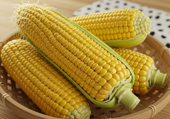 Fresh, yellow corn cobs with green husks nestled in a rustic woven basket, showcasing natural farm produce on a wooden table