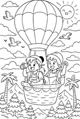 Coloring page of kids flying in hot air balloon over mountains and trees, watching birds with smiling sun and clouds, perfect for joyful adventure and travel coloring fun.

