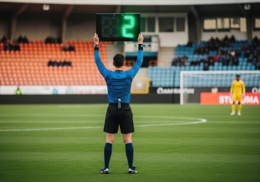 Soccer referee holding substitution board at stadium during football match