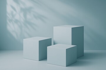 Three light blue cubes form a display pedestal against a pale blue background