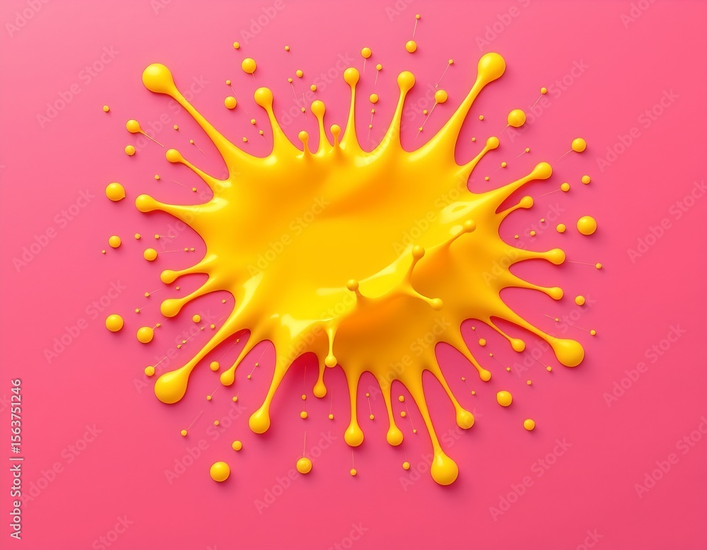 Poster the image features a vivid splash of yellow liquid that appears to be breaking apart into droplets, 