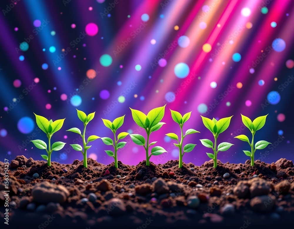 Poster the image displays a vivid and colorful illustration featuring a row of seedlings sprouting from soi