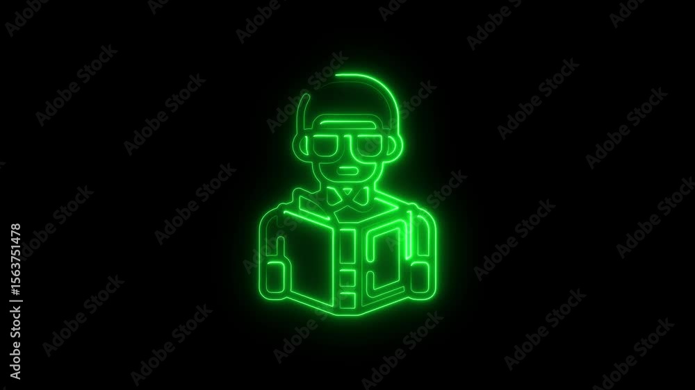 Aufkleber glowing green neon nerd reading book animation loop perfect for education technology science and