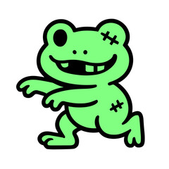 Naklejka premium A playful cartoon zombie frog stands, with a charming grin and an endearing appearance. the illustrated creature, a perfect depiction of playful and a cheerful character. vector illustration