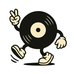Groovy vinyl record character strolls with peace sign. vector illustration