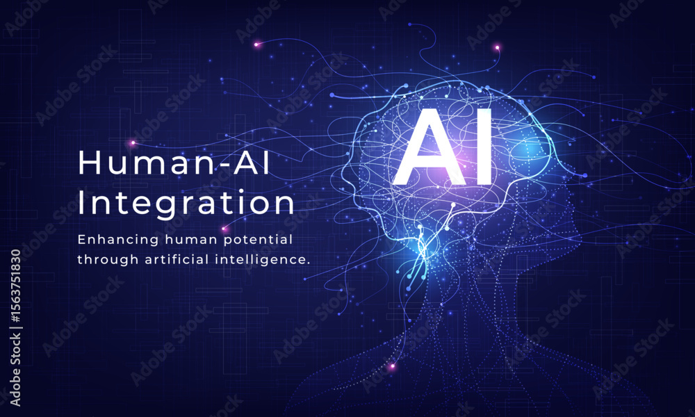 Poster human silhouette with glowing ai brain and neural circuits. represents artificial intelligence, cogn