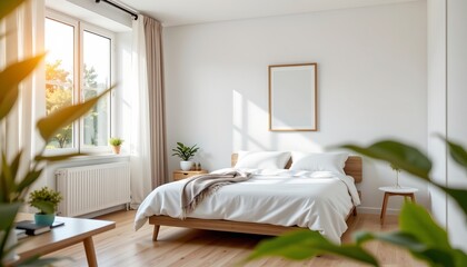 the image shows a modern bedroom with a bright and airy atmosphere, there is a window allowing sunlight to stream into the room