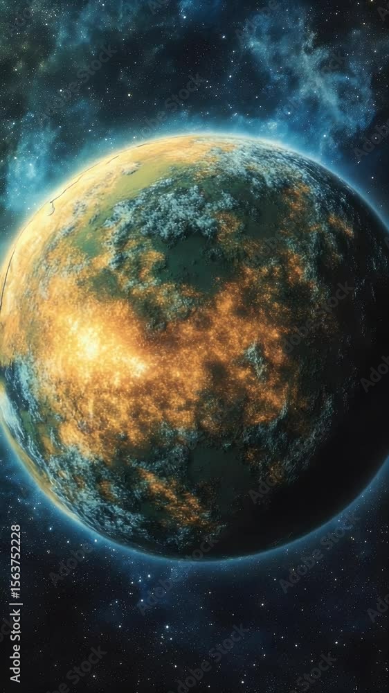 Poster digital art of a planet with a glowing surface and detailed topography. surrounded by a star-filled 