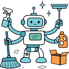 A cheerful cleaning robot with multiple arms holds various cleaning tools like a mop, spray bottle, and detergent. This colorful and cute illustration represents a futuristic helper for household chor