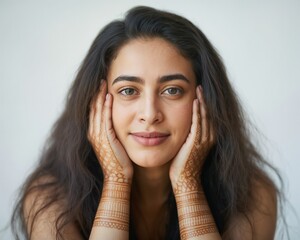 Happy Arab woman on gray background. Middle East Muslim woman, Saudi.