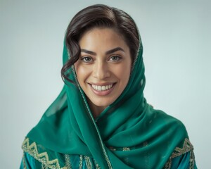 Happy Arab woman in hijab isolated on gray background. Middle east Muslim woman, Saudi.