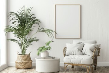 3D Render Blank Picture Frame Mockup on White Wall Living Room Boho Style Interior
