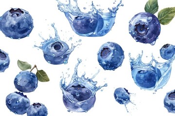 Collection of Blueberry with Water Splash Isolated on a White Background as Transparent Png