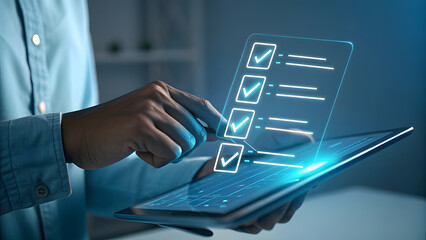 Dark Blue Shirt Hand Scrolling Digital Checklist Tablet