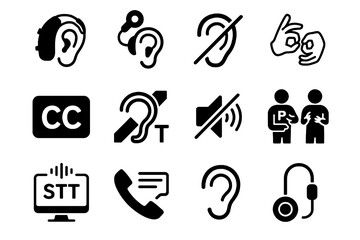Black icons on white background for deaf and hard-of-hearing themes. Minimal vector for accessibility.