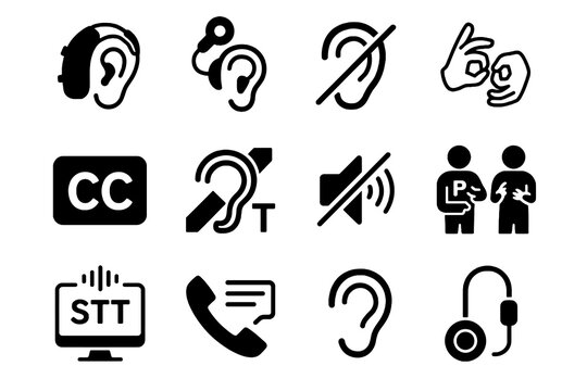 Black icons on white background for deaf and hard-of-hearing themes. Minimal vector for accessibility.