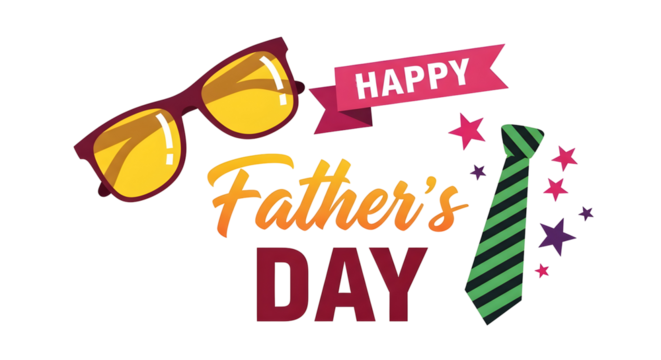 Happy Father's Day Graphic with Sunglasses, Tie, Ribbon & Colorful Stars – Festive Celebration Design