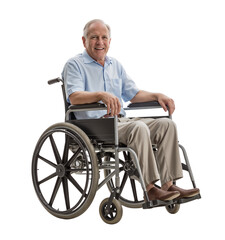 A senior man in wheelchair isolated on transparent PNG or white background. wheelchair difficulty, physical disability. 