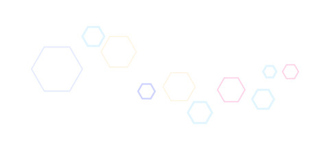 Fototapeta premium Minimal pastel hexagon pattern on a white background. Soft geometric shapes in pink, blue, yellow, and purple create a modern, abstract design ideal for tech, science, or creative backgrounds.