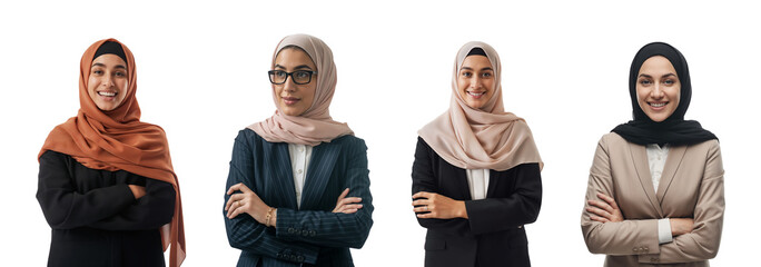 Happy Arab women in hijab isolated on transparent PNG background. Middle east Muslim businesswoman, Saudi.