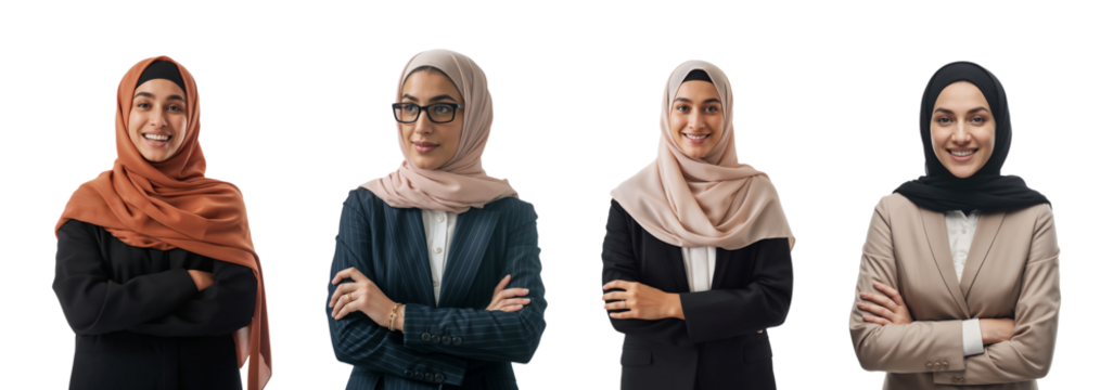 Happy Arab women in hijab isolated on transparent PNG background. Middle east Muslim businesswoman, Saudi.