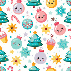 Cute Christmas pattern with stylized trees, ornaments, stars, and candy canes