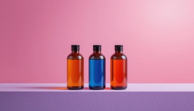 Harmonious Three: Colored Liquid Bottles against a Vibrant Pink Backdrop