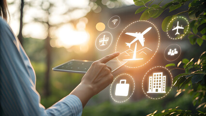 Hand Selecting Glowing A I Travel App Icons Tablet