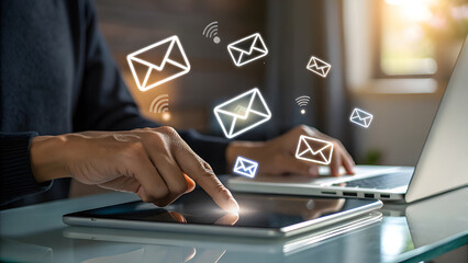 Hand Tapping Tablet Screen with Email Icons finger