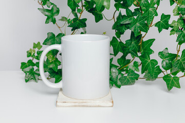 Ceramic mockup mug on wooden cup coaster with green plant leaves at the background