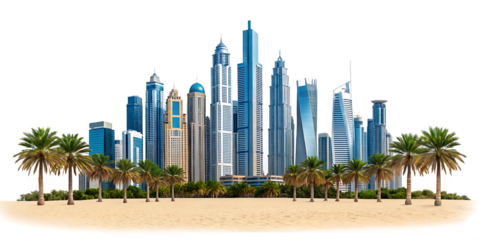 Dubai skyline with palm trees travel and tourism concept on transparent background