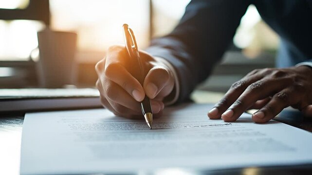 Business Professional Signing Important Document in Modern Office Environment with Natural Light and Soft Focus Background