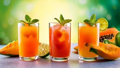 Tiga Gelas Jus Pepaya Dingin dengan Potongan Buah dan Daun Mint di Latar Tropis