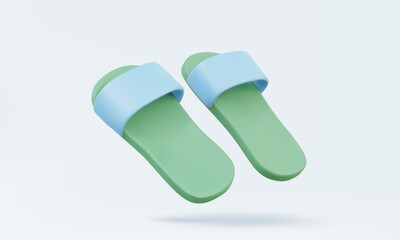 Realistic beach green slippers sandals pair floating on isolated pastel background. fashion travel seaside summertime tourism beachwear holiday outdoor banner design. 3D icon vector illustration