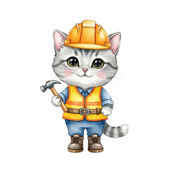 Cartoon kitten dressed as construction worker, in hard hat, safety vest, holding a hammer. Cute vector illustration for children's book design, educational materials. Cat building worker.