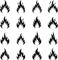 Dynamic Fire Flames Icons Set: Red and Orange Hot Blaze Elements for Energy, Heat, and Danger Concepts.
