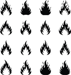 Dynamic Fire Flames Icons Set: Red and Orange Hot Blaze Elements for Energy, Heat, and Danger Concepts.