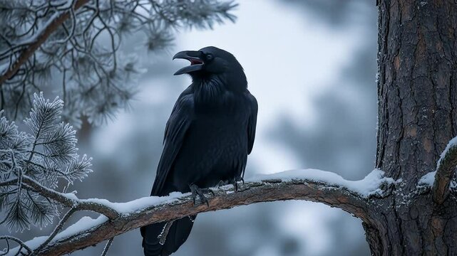 Raven Bird Wildlife Perched Branch Calling Winter Snow Outdoors