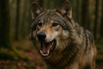 Fototapeta premium A close up of a wolf with its mouth open in the woods
