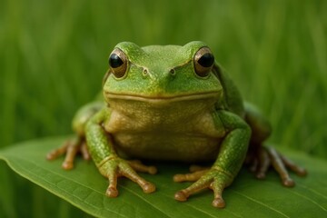 Obraz premium A green frog sitting on top of a green leaf