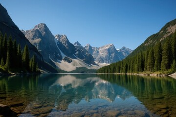 A large body of water surrounded by trees and mountains