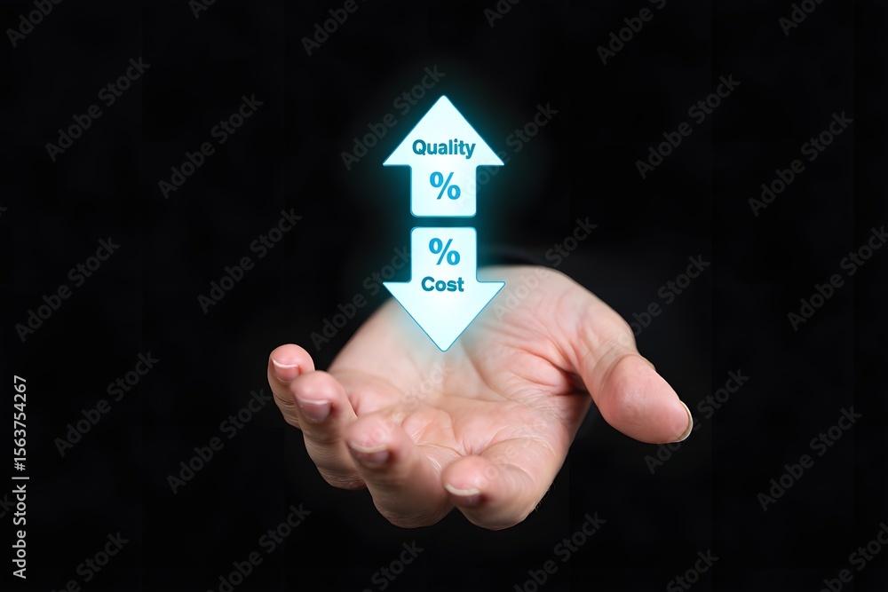 Poster quality control, businessman showing cost with down arrow and quality with up arrow for business pro