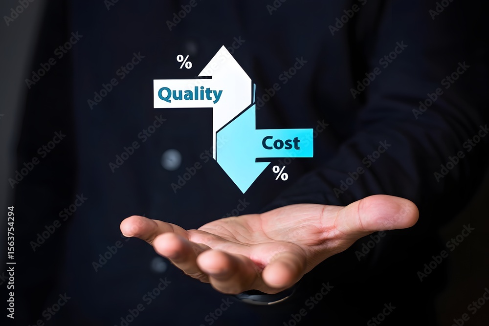Poster quality control, businessman showing cost with down arrow and quality with up arrow for business pro