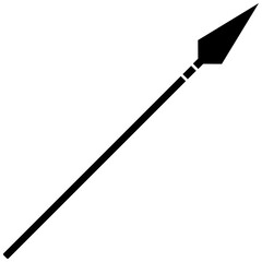 Spear icon, isolated silhouette of black color flat illustration with sharp, angular head, angled vector graphic, suggestive of historical warfare and hunting.